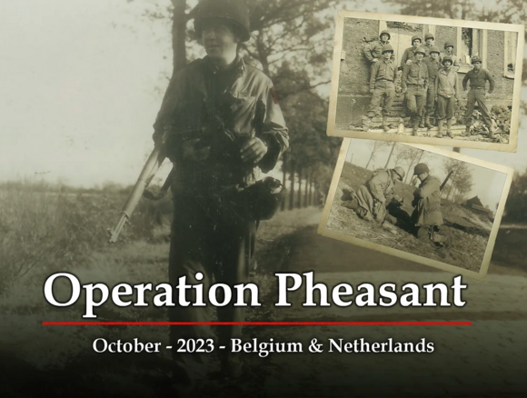 Oude foto met soldaat en onderschrift 'Operation Pheasant'