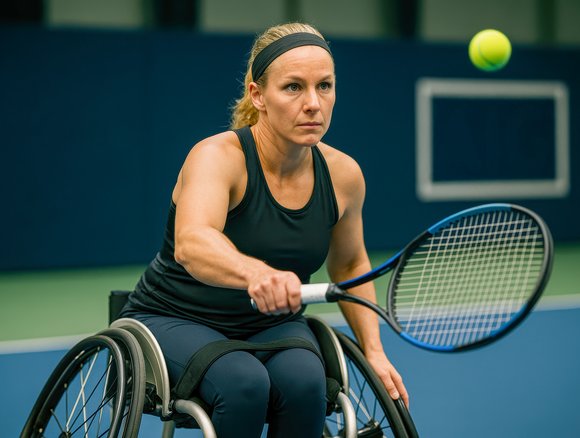Sportieve vrouw speelt rolstoeltennis
